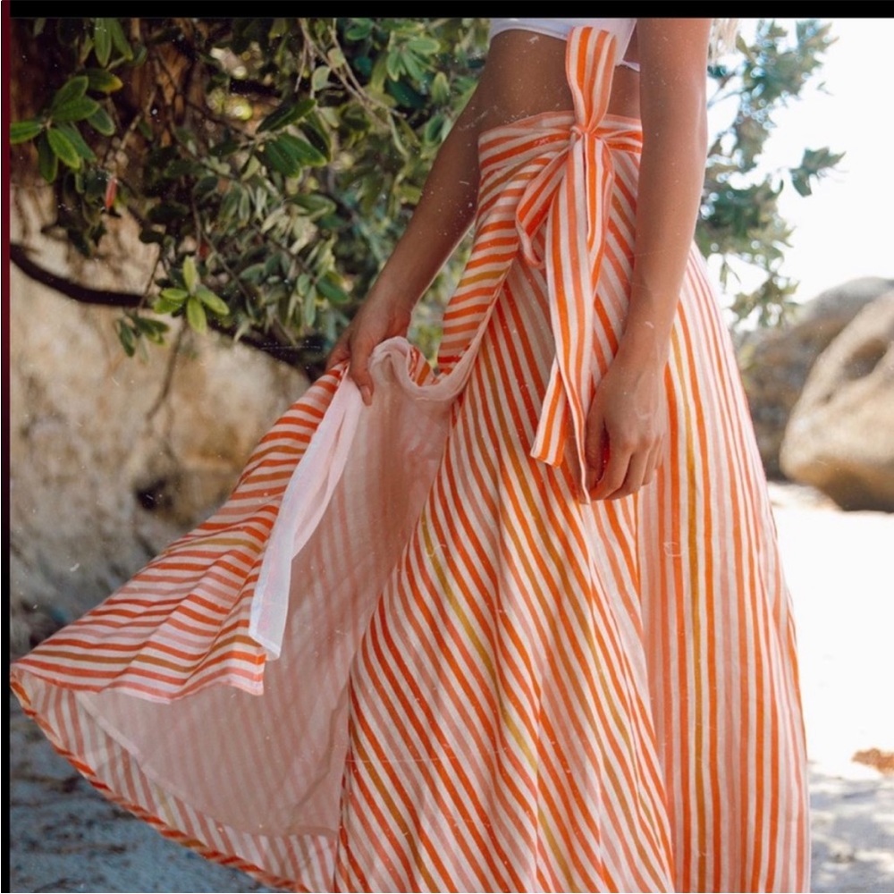 Striped medium beach cover up skirt 100% linen orange